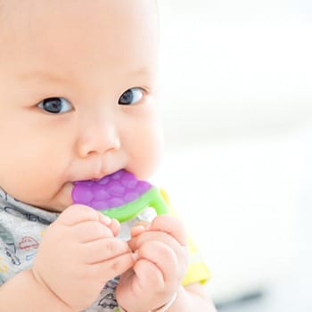 A baby chewing on a teether that is shaped to look like grapes