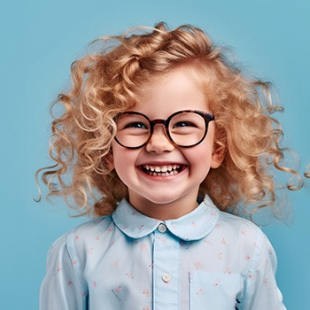 young blonde girl with glasses smiling 