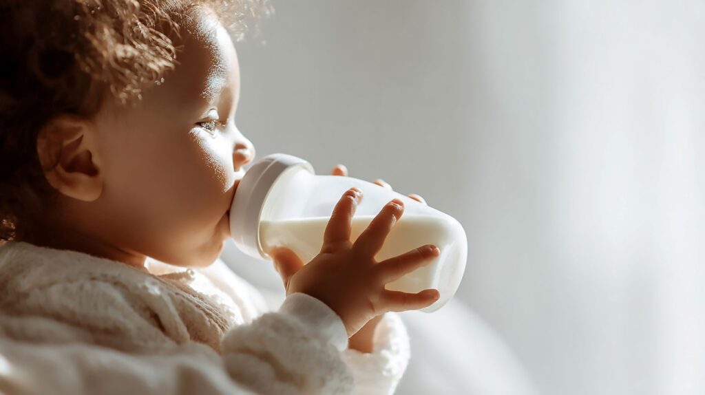 Profile of baby holding bottle to mouth with both hands