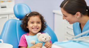Little girl holding a teddy bear in the dentist’s chair